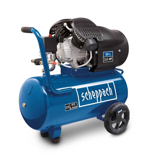 Scheppach oil compressor with a 50-litre tank and 3.0 HP power. Suitable for various applications.